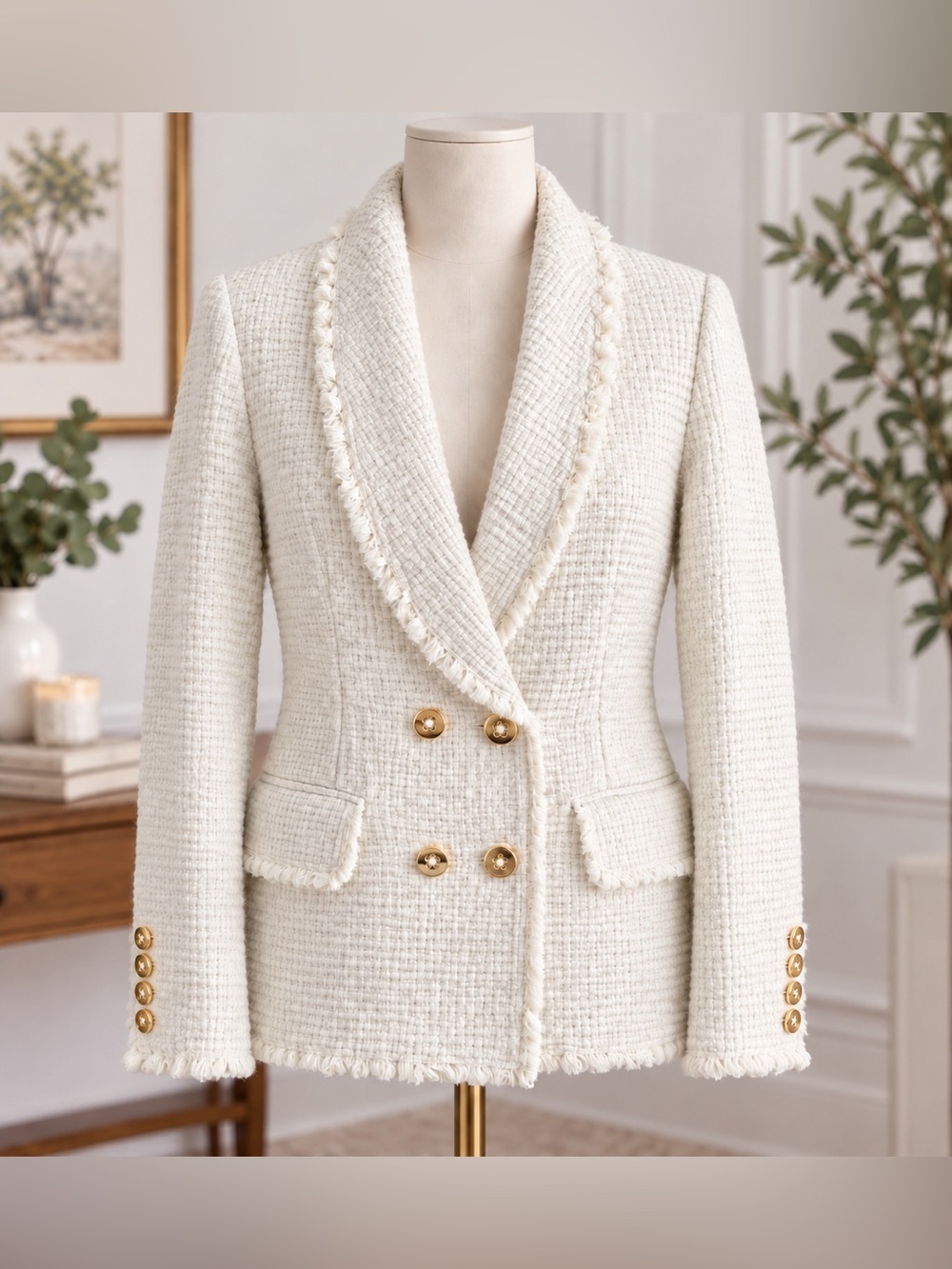 Gretchen Scott Cream Tweed Double-Breasted Blazer with Fringe Trim